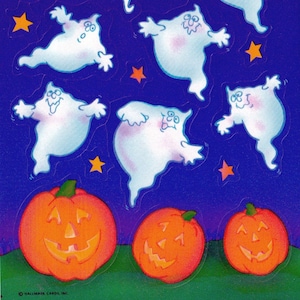May include: A sheet of stickers featuring eight white ghosts with friendly faces and three orange jack-o'-lantern pumpkins with smiling faces. The stickers are on a blue background with gold stars.