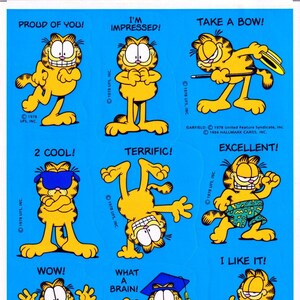 Autocollants vintage des années 1980 des années 1980, Garfield le chat par Jim Davis et Hallmark, fier de vous, impressionné, prendre un arc, encouragement, remise des diplômes