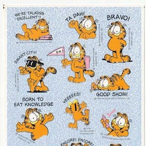 Stickers vintage des années 1980, Garfield le chat par Jim Davis et Hallmark, Nous parlons bien ! Bravo, Smart City, feuille bleu clair