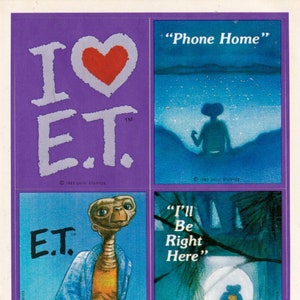 Autocollant vintage des années 1980, 1990, 2000, rare, ET la feuille d'autocollants extraterrestre, j'aime ET, téléphone à la maison