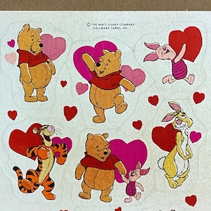 Vintage 1980s 1990s Hallmark Winnie the Pooh Valentines, Hearts, Love, Sticker Sheet with Piglet, Tigger, Eeyore, Rare *FLAW*