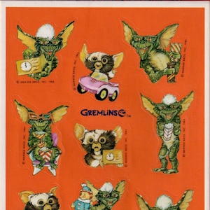 Feuille d'autocollants Hallmark vintage des années 80, des années 90, film Gremlins, feuille rouge, gadget, 1 feuille