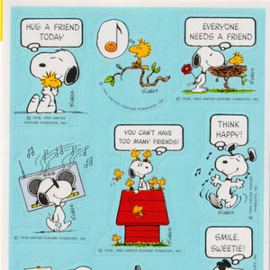 Cacahuètes vintage des années 1980 et 1990, Charlie Brown, Snoopy, feuille d'autocollants, étreigne un ami, amitié, meilleures amies, boombox, musique - RARE !