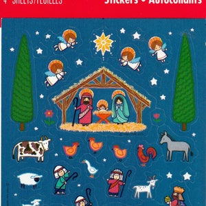 Feuille d'autocollants unique vintage des années 1990, crèche bleu royal, rare