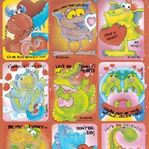 Feuille d’autocollants vintage des années 1980, Cleo / Gibson Valentine Monsters and Dinosaurs, I’d Be Blue Without You