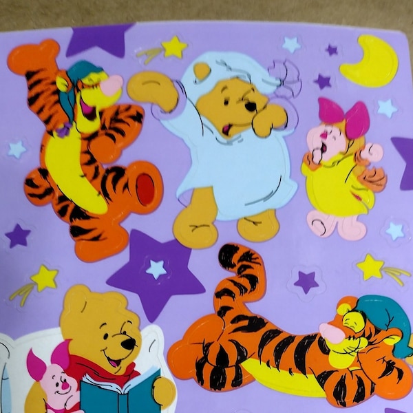 Vintage 1980s 1990s 2000s Rare Sandylion Winnie the Pooh Purple Sticker Sheet with Piglet & Tigger, Eeyore,"Bed Time", Pillow Fight SO CUTE