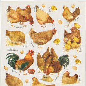 Feuille d'autocollants vintage des années 80, des années 90, des poules, des poussins et des œufs par Marjolein Bastin, dessin au crayon, esquisse, une seule feuille