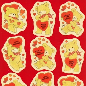 Feuille d'autocollants vintage des années 1980 et 1990 avec des oursons en peluche pour la Saint-Valentin par American Greetings, xoxo, Love - Cute !