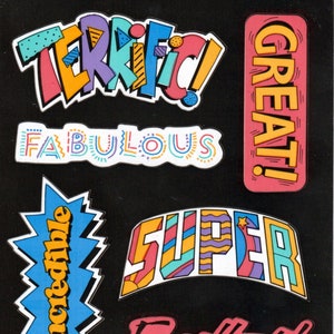 vintage des années 1980 des années 1990 des années 2000 AGC énorme feuille d'autocollants de mot de récompense pour un comportement positif - formidable ! Fabuleux! Super! Incroyable! Super! Excellent!