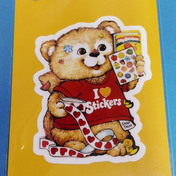 Vinyl Sticker - I Love Stickers Teddy Bear Holding Vintage Sticker Album, Gift for Sticker Collector Friend, Happy Mail, Shirt Tales