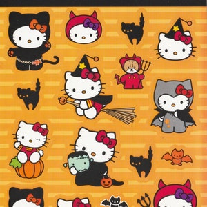 Feuille d'autocollants Hello Kitty vintage 2010 sur le thème d'Halloween par American Greetings/AGC/Sanrio, sorcière, diable, Kawaii