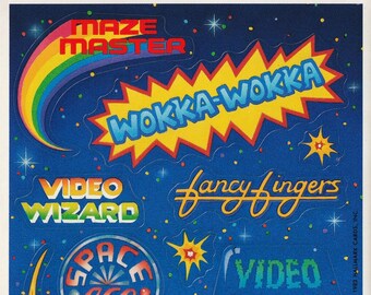 Vintage 1980s Hallmark Video Arcade Sticker Sheet, Wokka Wokka, Maze Master, Pack Man Themed, 1983