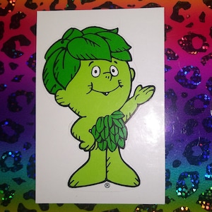 Autocollant Jolly Green Giant Sprout vintage des années 1980, mascotte/logo de légumes en conserve, réplique scintillante vintage ou faite main, non étanche