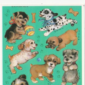Feuille d'autocollants vintage pour chiots et chiens des années 1980 et 1990 par Hallmark - Joli chiot dalmatien !  Différentes races