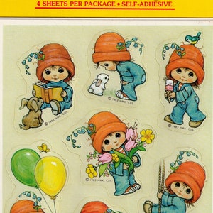 1980s 1990s Vintage Hallmark Rare Sticker Sheet, Cute Little Girl in Red/Orange Knitted Hat/Cap, 70s Feel, Adorable!  Reading a Book