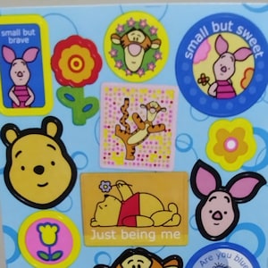 Vintage 1980s 1990s 2000s Rare Sandylion Winnie the Pooh Blue Sticker Sheet with Piglet and Tigger, Eeyore, &quot;Small But Brave&quot;