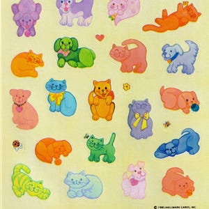 Vintage 1980s 1990s Hallmark Cute, Bright and Colorful Dogs and Cats Sticker Sheet