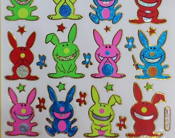 Vintage 1980s 1990s 2000s Stickers:  Unhappy Rabbit/Bunny Prismatic Vending Machine Stickers, Neon & Glittery, Approx. 4x5", Sarcastic Snark