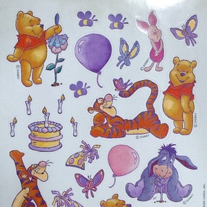 Vintage 1980s 1990s Hallmark Winnie the Pooh Birthday Party Sticker Sheet with Piglet, Tigger, Eeyore & Cake you can add candles to! Rare