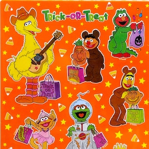 1980s 1990s 2000s Vintage Sesame Street Characters Sticker Sheet, Elmo, Cookie, Bert, Ernie, Big Bird, Oscar, Grover, Abby, Halloween