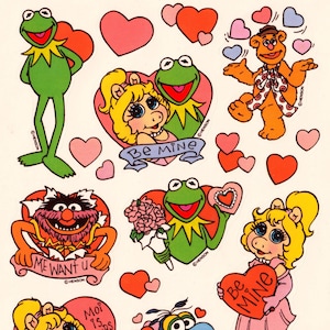 Vintage 1980s 90s Sticker Sheet, Muppets Valentine's Day, Kermit and Miss Piggy, Be Mine, Animal, Me Want U