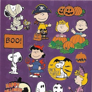 Feuille d'autocollants vintage des années 1980, 1990, 2000, feuille d'autocollants Halloween American Greetings (AGC) arachides, la grande citrouille, Snoopy