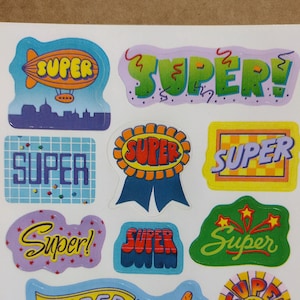 Feuille d’autocollants Hallmark Reward vintage des années 1980, 1990, « Super » dans diverses polices, Blimp