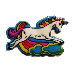 Vignette Puffy Sticker vintage des années 1980 des années 1990 - Licorne avec arc-en-ciel, néon lumineux - Sur dos garni d’origine