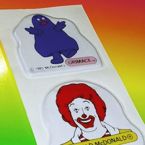 Vintage Stickers, 1980s McDonalds Puffy Grimace & Ronald 1985, Fast Food Advertising, Happy Meal Nostalgia, Fear of Clowns, Food Stickers