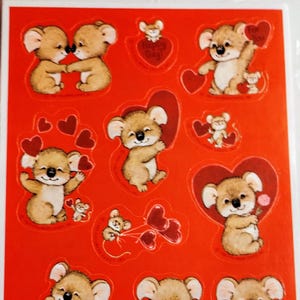 Feuille d'autocollants Hallmark Koala Bear, années 80, années 90, 2000, rare, Saint-Valentin, amour