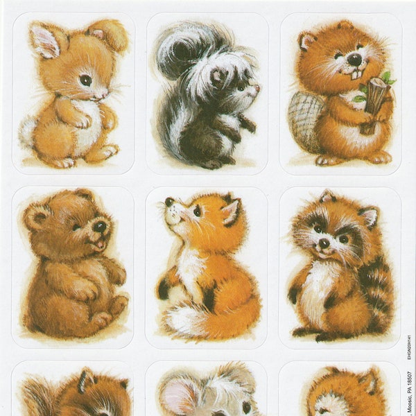 Vintage 1980s 1990s 2000s Eureka/Paper Magic Cute Baby Woodland Animals Sticker Sheet, Bunny, Skunk, Beaver, Bear, Fox, Raccoon, Mouse, Owl