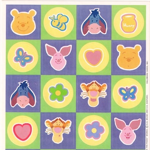 Vintage 1980s 1990s  Hallmark Winnie the Pooh and Eeyore Sticker Sheet, Purple and Lime Squares