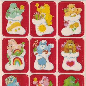 1980s Plus Mark Brand Care Bears in Christmas Stockings Single Sticker Sheet, Very Rare and Gorgeous!