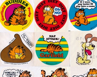 Vintage 1980s 1990s 2000s Garfield Single Stickers by Jim Davis, Round, Die Cut, Odie, Chocolate Scratch and Sniff Kiss,  Pooky, Diet, Nap