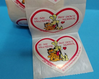 Vintage 1980's Garfield Single Sticker from Roll, Be My Valentine Odie But Don't Slobber, Die Cut Heart, Choose as many as you'd like! RARE