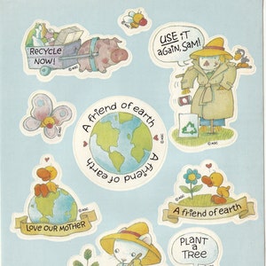 Vintage 1980s 90s 2000s American Greetings Sticker Sheet, Cute Animals Recycle Now!, A Friend of the Earth, Conservation, VSCO