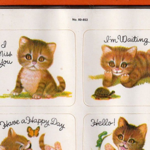 1980s Dennison Vintage Sticker Sheet, Encouraging Brown Tabby Kitty Cat Phrases, No 80-853