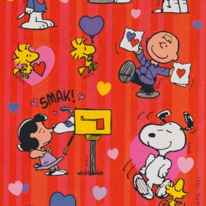 Feuille d'autocollants Hallmark Peanuts vintage des années 2000, lettres d'amour, boîte aux lettres, coeurs, Saint-Valentin, Happy Mail