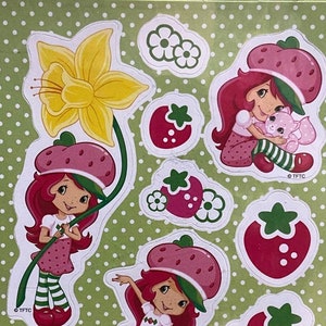 Feuille d'autocollants unique Charlotte aux fraises, années 2000, Amscan/Design Ware, pois verts avec jonquille et crème anglaise le chat rose