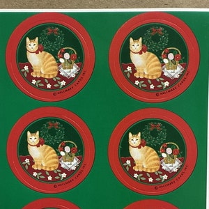 feuille d'autocollants vintage des années 1980 des années 1990 des années 2000, poinçon, feuille verte avec chat tigré rayé orange, vacances, Noël, style d'art populaire