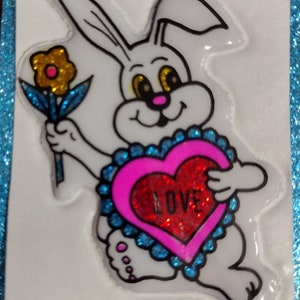 Sticker gonflé scintillant vintage des années 1980, je t'aime lapin blanc, au dos d'origine