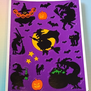 Feuille d'autocollants unique, Happy Halloween Hallmark vintage des années 1980, 1990, sorcière survolant la pleine lune - Rare