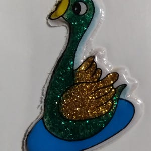 Sticker gonflé à paillettes scintillantes vintage des années 1980 sur le dos rogné d'origine, cygne coloré - adorable !