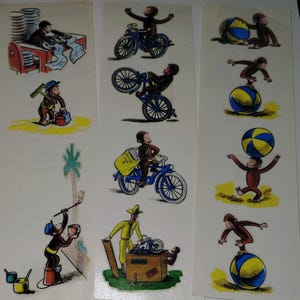 May include: A collection of vintage stickers featuring a cartoon monkey in various scenarios. The monkey is depicted riding a bicycle, balancing on a ball, and painting. The illustrations are in a classic, colorful style.