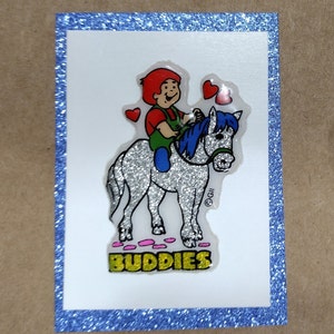 Autocollant gonflé Gordy Buddies, garçon et cheval argenté vintage des années 1980, 1990, 2000, rare et restauré