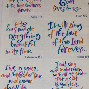 Feuille d'autocollants vintage des années 1980, 1990, 2000, salutations américaines, ne me oubliez pas, citations religieuses, écritures bibliques, lettrage arc-en-ciel