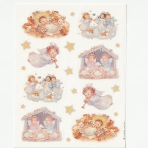Feuille d'autocollants vintage de l'enfant Jésus dans la crèche de Noël, poinçon vintage des années 1980