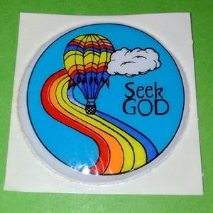Sticker gonflé vintage des années 1980, cherche Dieu, religieux - support original, montgolfière