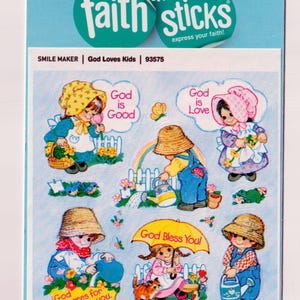 Feuille d'autocollants vintage des années 1980, 1990, 2000, mignons autocollants religieux. Faith the Sticks, Un drap, Christian, Filles à l'ancienne en bonnets