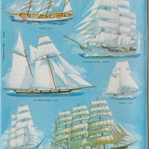 Feuille d'autocollants vintage Dennison des années 1980, voiliers, types de navires, bateaux, n° 80-205, voiliers